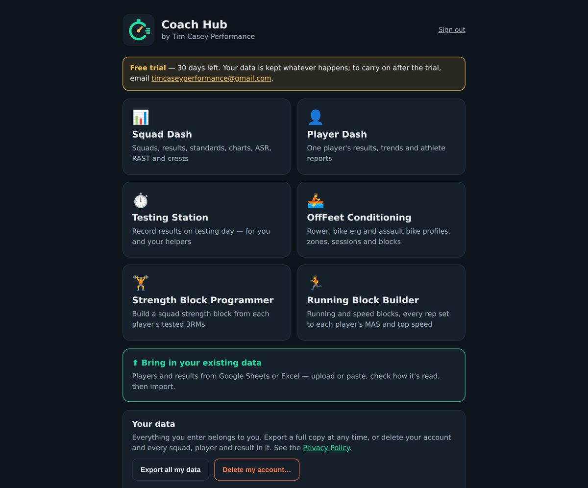 The Coach Hub home screen with the app tiles
