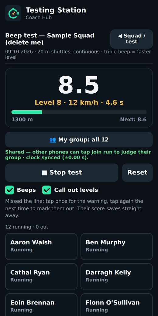 The live beep test in the Testing Station